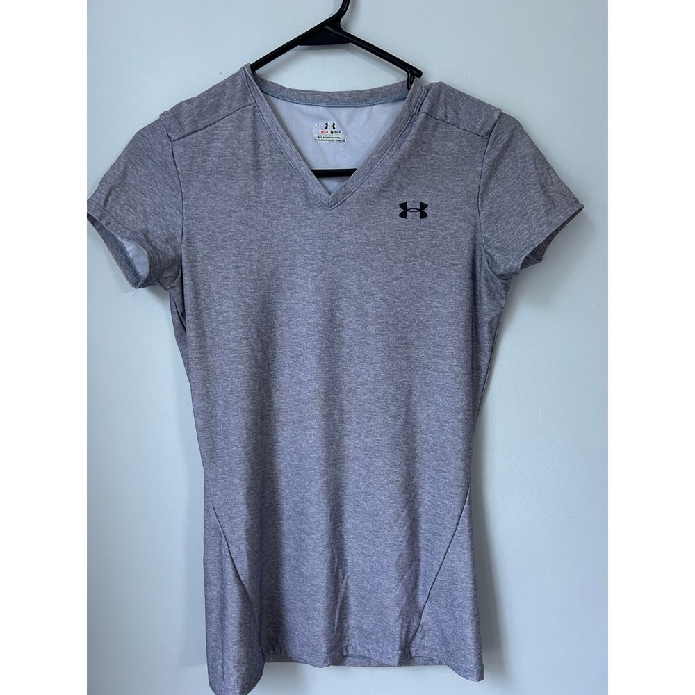 Under Armour HeatGear Womens Gray V-Neck Short Sleeve Athletic T-Shirt Large